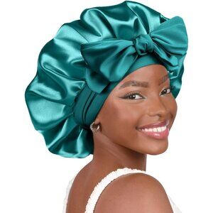🆕 Women Silk Bonnet Blue Satin Double Layer Lined Hair Tie Band Curly Natural